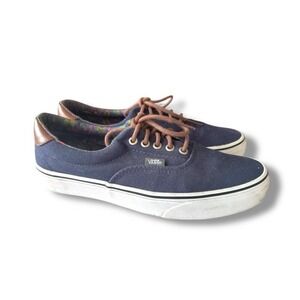 Vans Navy Blue Boat Era Shoe Brown Leather Trim Men's 9 Women's 10.5 Classic OTW